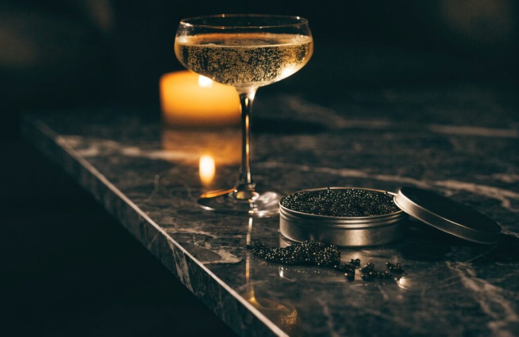 Een elegante avondtafel gedekt voor kaviaar en champagne