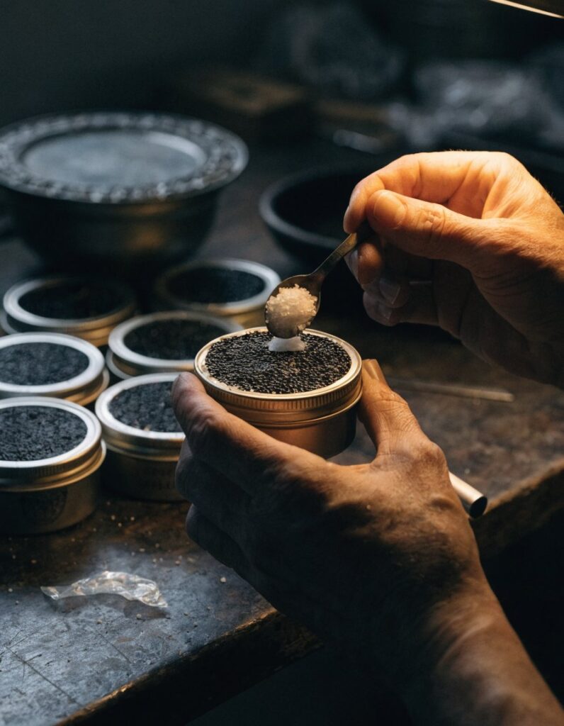 Hands of a caviar master working over a black tin